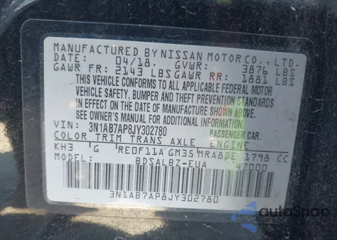 2018 Nissan Sentra S z USA, uszkodzony, nr VIN 3N1AB7AP8JY302780